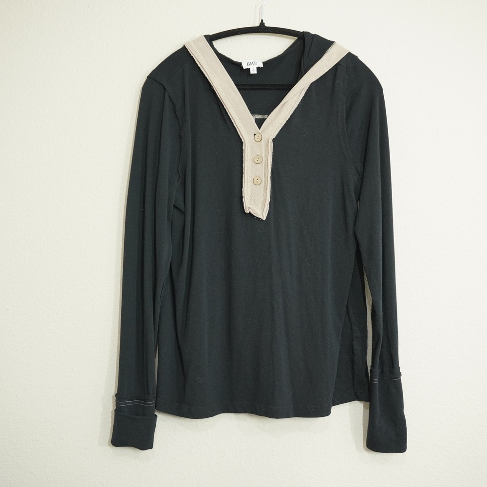 BKE Women's Size Small Long Sleeve Hooded Henley Top Black Tan Trim Fall Casual